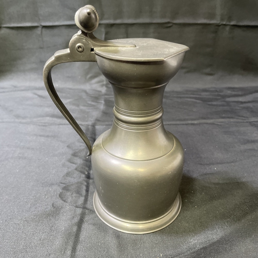 VINTAGE ROYAL HOLLAND PEWTER KMD LIDDED 6" ACORN TOP HINGE CREAMER SYRUP PITCHER